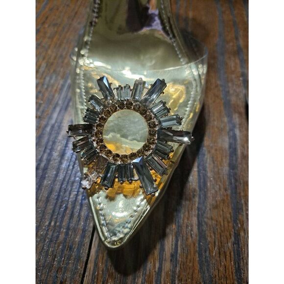 New Sz 7 Wet Kiss Clear High Heel Slingback Rhinestone Gold Sunflower Dress Shoe - Picture 10 of 12